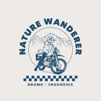 Hand Drawn Vintage Motorcycle Mountain Adventure Logo Label Badge vector