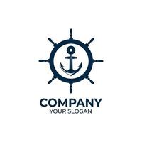 Marine retro emblems logo with anchor and ship steering vector