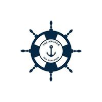 Marine retro emblems logo with steering ship, buoy, and anchor vector