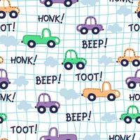 Seamless pattern with cars, road on square background,  words Toot, beep. Vector kids background, children textile print. Flat design.