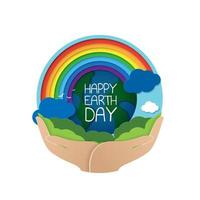 feliz día de la Tierra. día de la tierra, 22 de abril con el globo terráqueo, mapa mundial y manos para salvar el medio ambiente, salvar el planeta verde limpio, concepto ecológico. tarjeta para el día mundial de la tierra. diseño vectorial vector