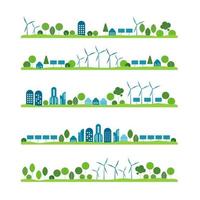 conjunto de paisajes urbanos con ecociudad utilizando tecnologías ecológicas modernas: energía eólica, turbinas eólicas, energía solar, colinas y árboles. concepto de energía ecológica y verde. diseño vectorial vector