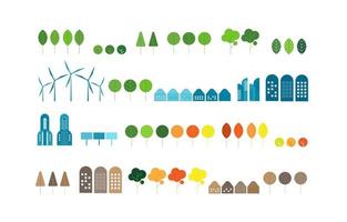 establezca un conjunto de iconos de paisajes urbanos con ciudades ecológicas utilizando tecnologías ecológicas modernas: energía eólica, turbinas eólicas, energía solar, colinas y árboles. concepto de energía ecológica y verde. vector