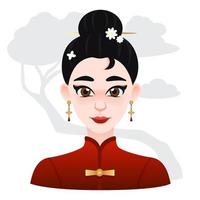 Cartoon asian beautifull woman.  Black hair with flowers clip on top. Oriental illustration for web, game or advertisign vector