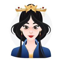 mujer hermosa oriental de dibujos animados. pelo largo y negro con corona en la parte superior. ilustración de princesa asiática para web, juego o publicidad vector