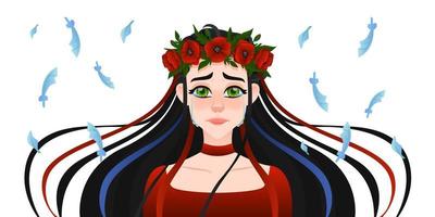 Young brunette beautifull woman with flower wreath on head Portrait with red poppies and feathers vector