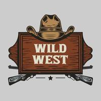 wild west cowboy hat and wooden name board with guns vector