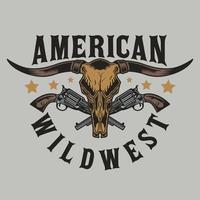cráneo de toro de cuerno largo del salvaje oeste con diseño de vaquero de pistolas de revólver