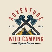 emblema de camping de aventura con hachas cruzadas y montaña vector