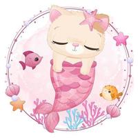 Cute little cat mermaid in watercolor illustration vector