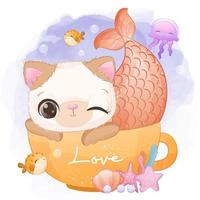 Cute cat mermaid in watercolor illustration vector