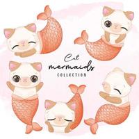 Cute cat mermaid in watercolor illustration vector