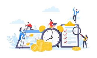 el tiempo es dinero o concepto de negocio de ahorro de dinero. personas diminutas que trabajan con reloj, horario de calendario y símbolo de lista de verificación. vector