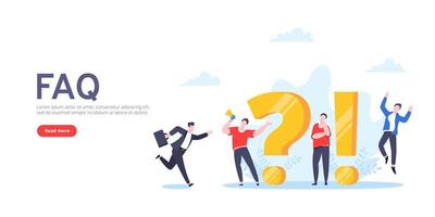 Q and A or FAQ concept with tiny people characters, big question and exclamation mark, frequently asked questions template. vector