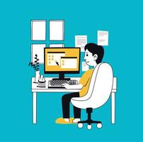men freelancer sitting on a chair in home working with desktop computer vector