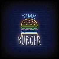 vector de texto de estilo de letreros de neón de tiempo de hamburguesa