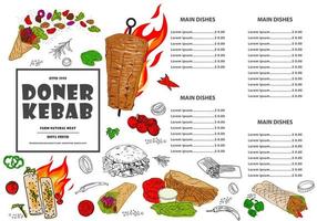 folleto de doner kebab del restaurante del menú del mantel. vector