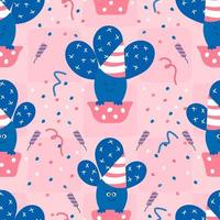 Seamless cactus pattern on square background. Pink backdrop. Blue cactus on flower pot with birthday cap, colorful fireworks. Party concept. Template of wallpaper, wrapping, packaging, t shirt print vector