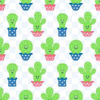 Seamless  kids pattern Cacti on flower pots, square background. Vector children backdrop. Kitchen tablecloth design. Template of wrapping, digital paper, wallpaper, fabric  textile print, clothes.