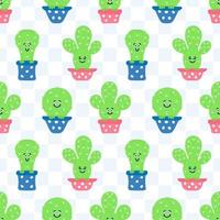 Seamless  kids pattern Cacti on flower pots, square background. Vector children backdrop. Kitchen tablecloth design. Template of wrapping, digital paper, wallpaper, fabric  textile print, clothes.