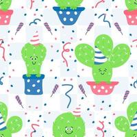 Seamless holiday pattern with kawaii cacti in flower pots, fireworks, birthday cap on square background. Vector flat design. Funny plants. Cactus kids print. Wallpaper, wrapping, cover.