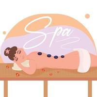 niña feliz con piedras en su espalda masaje spa concepto vector