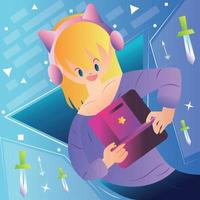 dibujos animados de niña retro feliz jugando en un vector de videojuego de consola móvil