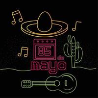 Neon poster of cinco de mayo. Hat, cactus and guitar - Vector