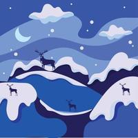 Beautiful cold blue winter landscape with hills and reindeers Vector