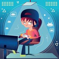 dibujos animados de niño retro con vector de videojuego de sombrero y joystick