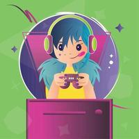 dibujos animados de chica retro con auriculares y joystick videojuegos vector