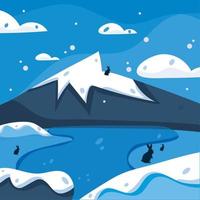 Cold blue winter landscape with a mountain and rabbits Vector