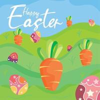 Field with carrots and easter eggs Happy easter season Vector