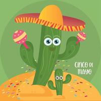 cartel del cinco de mayo. caricatura, de, un, feliz, mexicano, cacto, -, vector