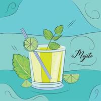 Sketch of a mojito cocktail with lemon and mint leaves Tropical cocktail Vector