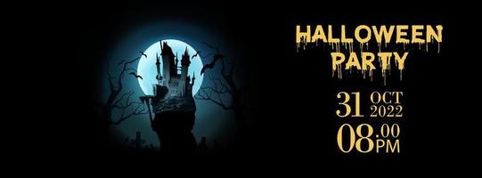 cartel de la fiesta de halloween. castillo oscuro frente a la luna llena con miedo. pancarta portada de linkedin, portada de facebook, publicación de instagram.