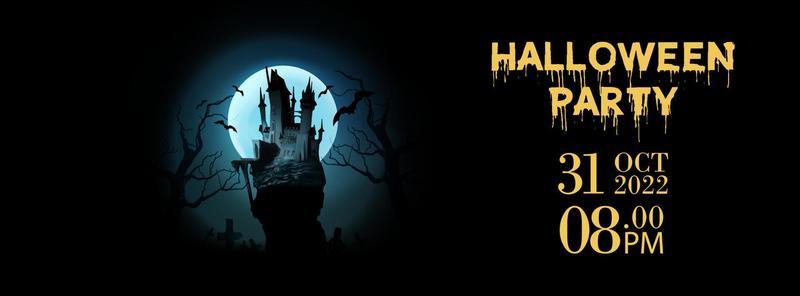 Halloween party poster . dark castle in front of full moon with scary . banner . linkedin cover, Facebook cover, instagram post .