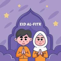 linda ilustración de dibujos animados de niños y niñas musulmanes, felices de dar la bienvenida a eid al-fitr ramadan para pancartas, panfletos, pegatinas vector