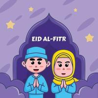 linda ilustración de dibujos animados de niños y niñas musulmanes, felices de dar la bienvenida a eid al-fitr ramadan para pancartas, panfletos, pegatinas vector