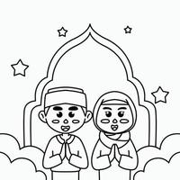 página para colorear linda ilustración de dibujos animados de niños y niñas musulmanes, dando la bienvenida a eid al-fitr ramadan para pancartas, folletos, pegatinas vector