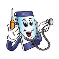 Mobile Phone Cartoon Character Holding Screwdriver and Stethoscope vector