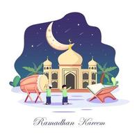 Ramadhan Kareem concept illustration. Happy Muslim people celebrate Holy Month Ramadhan, Eid Mubarak greeting. Flat vector template Style for Web Landing Page, Background.