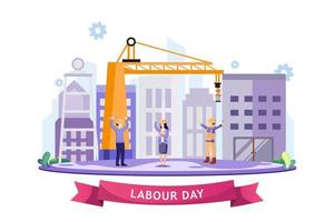 feliz día del trabajo el 1 de mayo ilustración vectorial. ingenieros y constructores están planificando el trabajo en un sitio de construcción. los trabajadores de la construcción están trabajando en la construcción en el día del trabajo. vector