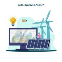 Ilustración de vector de energía alternativa. idea de ecología frinedly power, aplicación de energía de ciudad verde