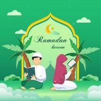 happy ramadan concept. Muslim couple reading the Quran during Ramadan Kareem holy Month. vector