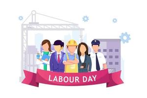 feliz día del trabajo el 1 de mayo ilustración vectorial. ingenieros y constructores están planificando el trabajo en un sitio de construcción. los trabajadores de la construcción están trabajando en la construcción en el día del trabajo. vector