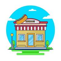 edificio arquitectura tienda hotdog icono logo vector ilustración. logotipo de restaurante de comida rápida.