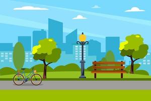 Public park in the city with bench, trees and streetlight. Big city on background. Summer background. landing page website illustration flat vector template.