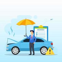 Car insurance policy form with umbrella. Insurance agent, Protection, damage or collision vector