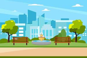 parque público de la ciudad con banco, árboles y farolas. gran ciudad en el fondo. fondo de verano. plantilla de vector plano de ilustración de sitio web de página de destino.